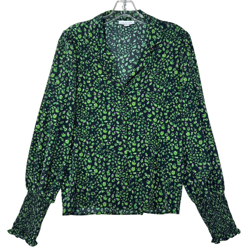 Topshop Flowy Green Print Button Front Long Balloon Sleeve Blouse Womens Size 8
